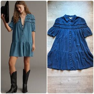 Maeve Anthropologie Leandra Shirred Yoke Mini Dress Sz S Dark Wash Front Button